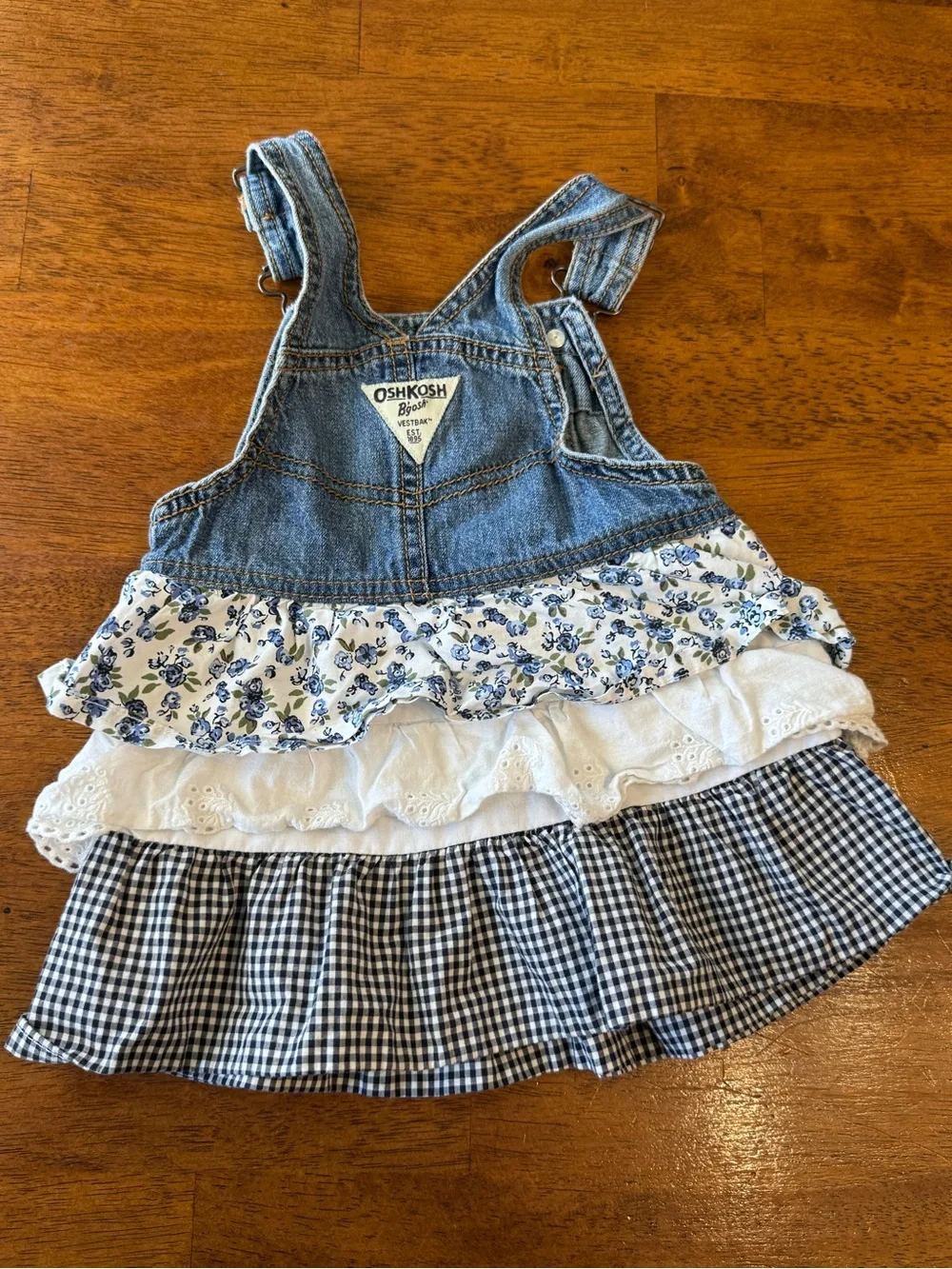 OshKosh Denim Tiered Ruffle Jumper Dress Cottagecore Floral Gingham size 18 m